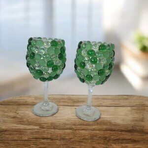 "Global Amici Handcrafted Green Beaded Goblets - Set of 2 (20oz) - USA Made"